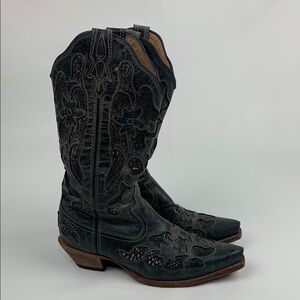 Twisted X Western Boots Size 8 Dark green Brown Low heel pull on embroidered